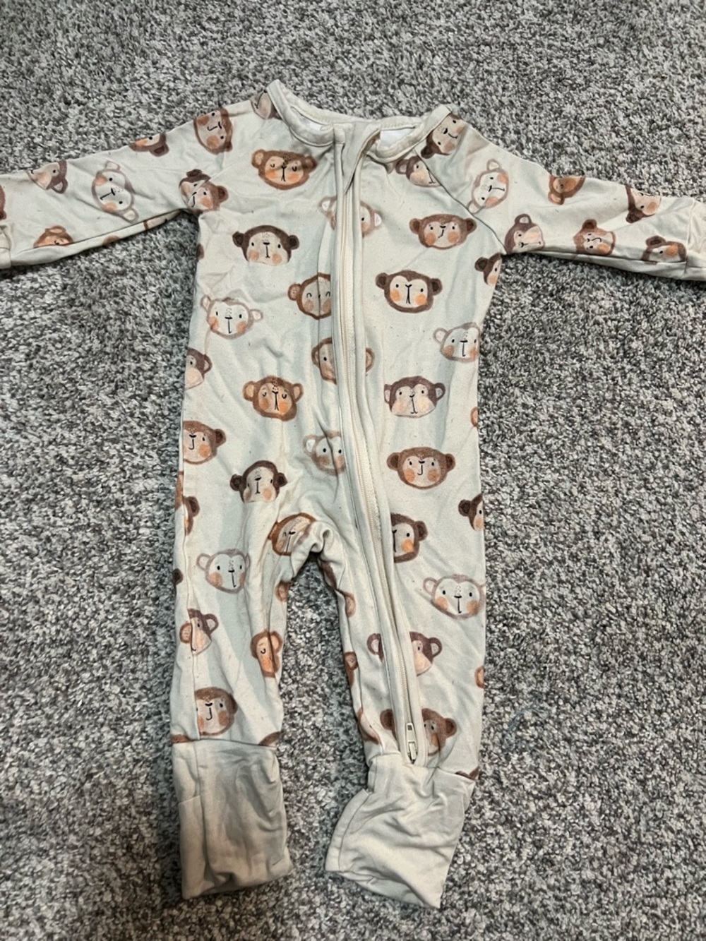 Neutral Monkey Print Zipper Footed One-Piece for Kids